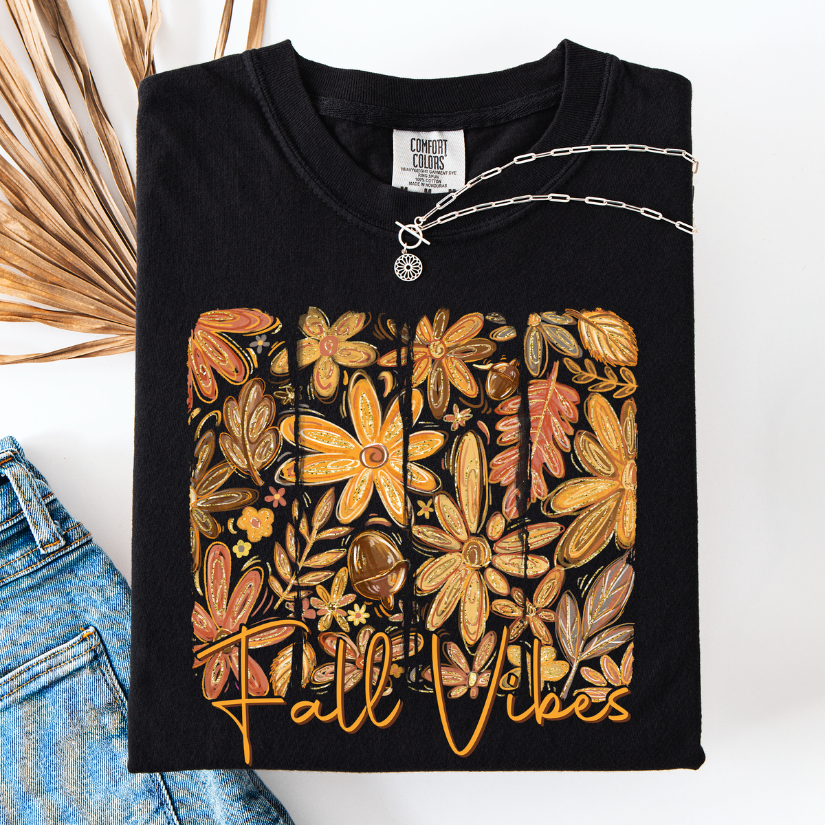 Fall Vibes Colorful Autumn Flowers Vintage Varsity Checkered Pumpkin Comfort Colors Tee