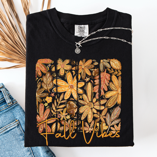 Fall Vibes Colorful Autumn Flowers Vintage Varsity Checkered Pumpkin Comfort Colors Tee