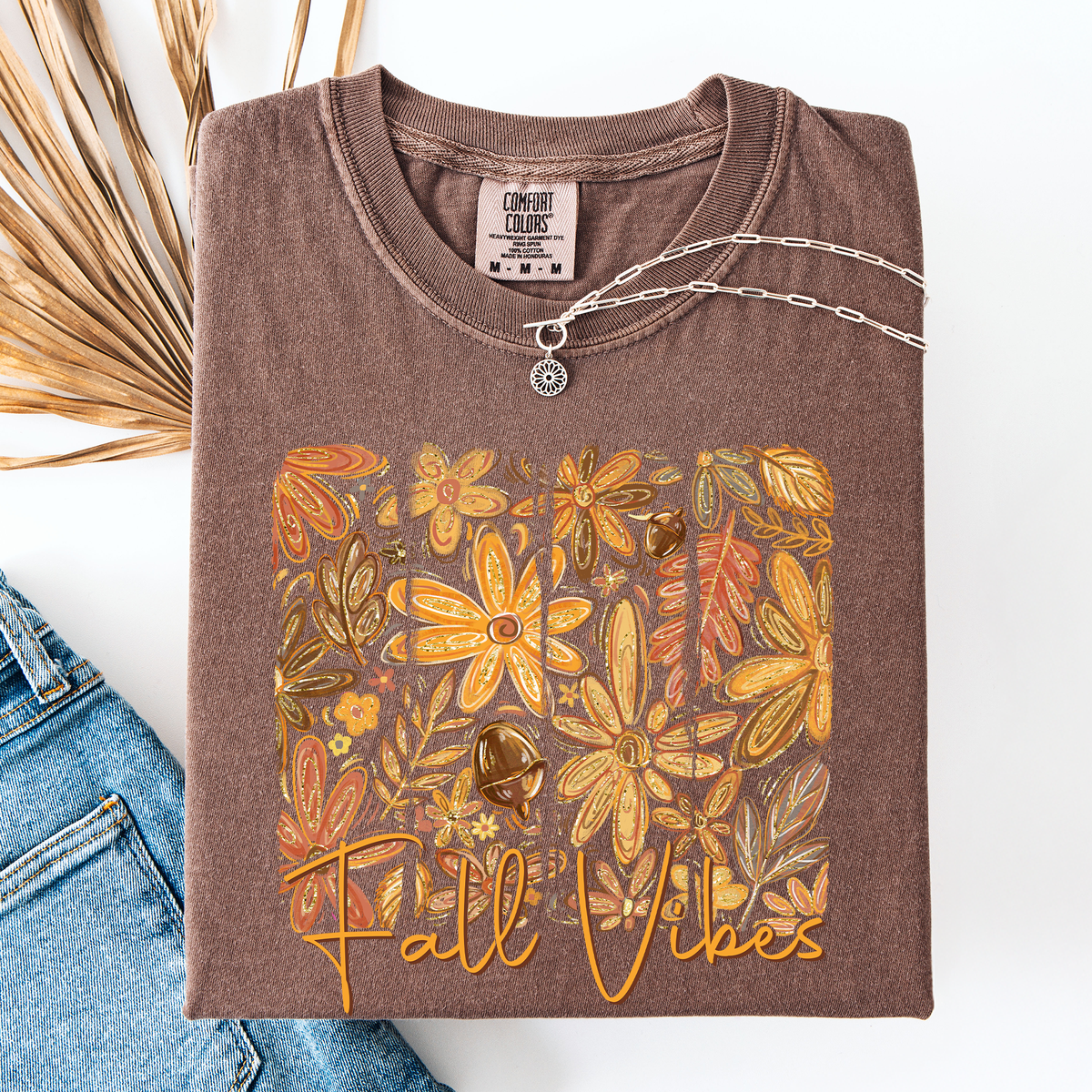 Fall Vibes Colorful Autumn Flowers Vintage Varsity Checkered Pumpkin Comfort Colors Tee