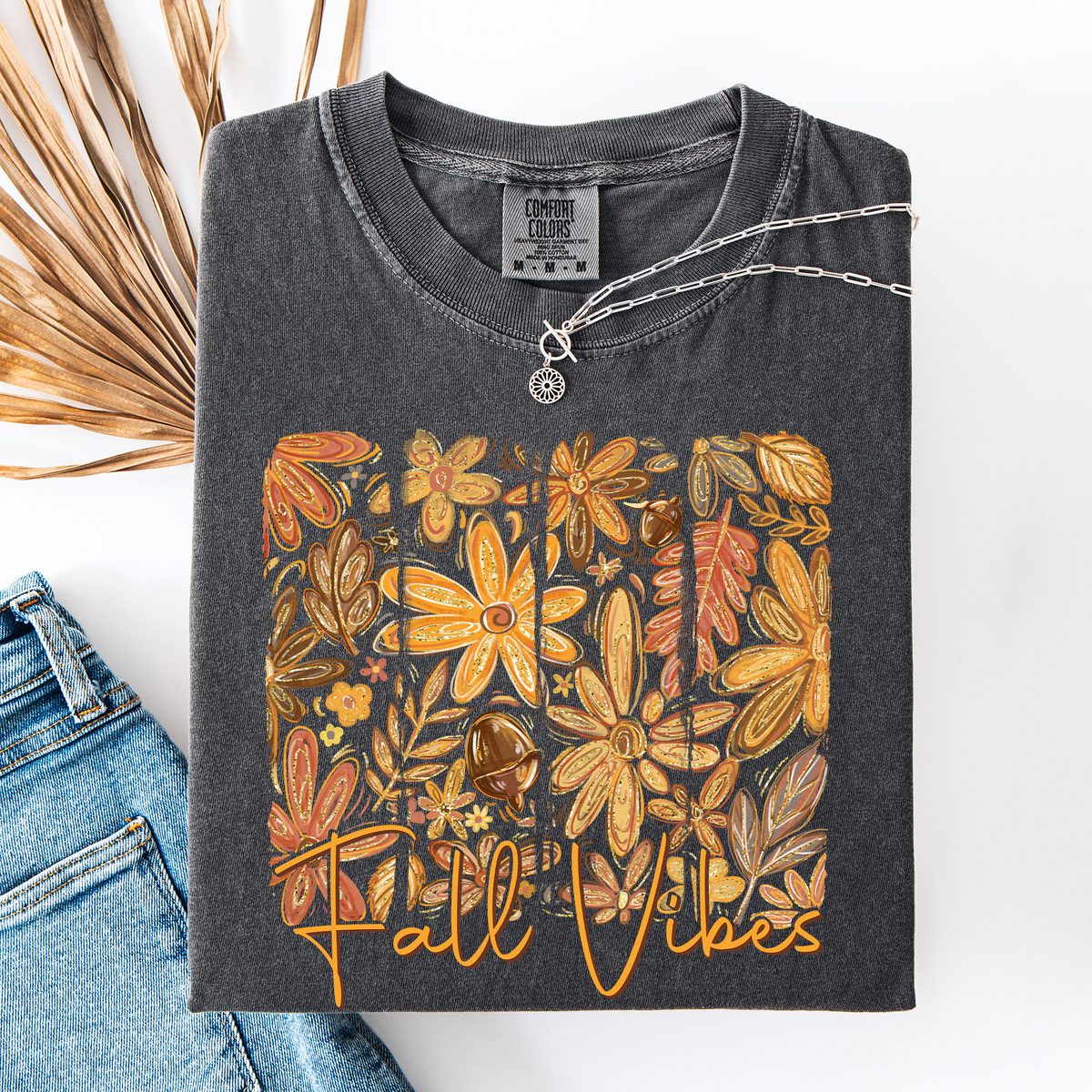 Fall Vibes Colorful Autumn Flowers Vintage Varsity Checkered Pumpkin Comfort Colors Tee