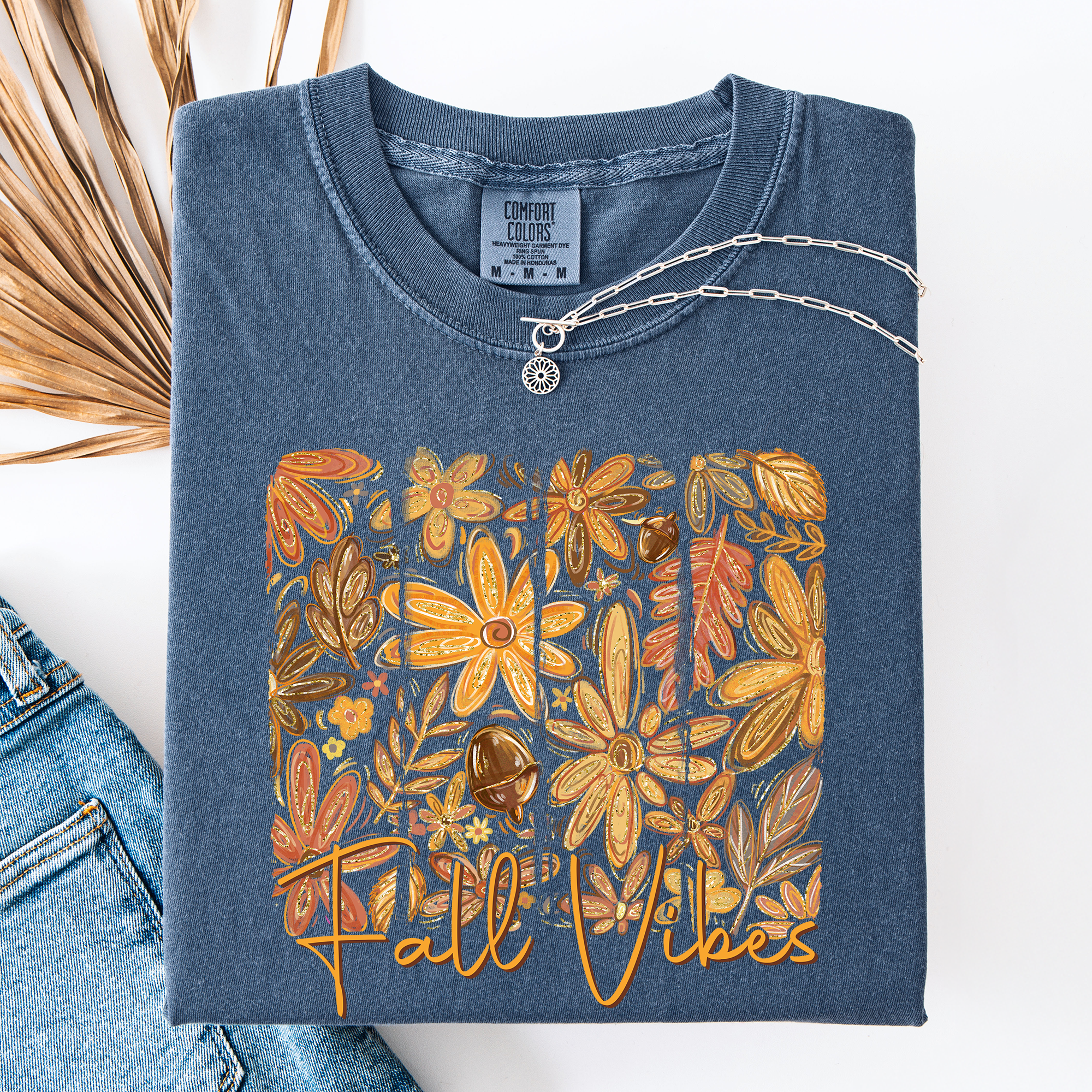 Fall Vibes Colorful Autumn Flowers Vintage Varsity Checkered Pumpkin Comfort Colors Tee