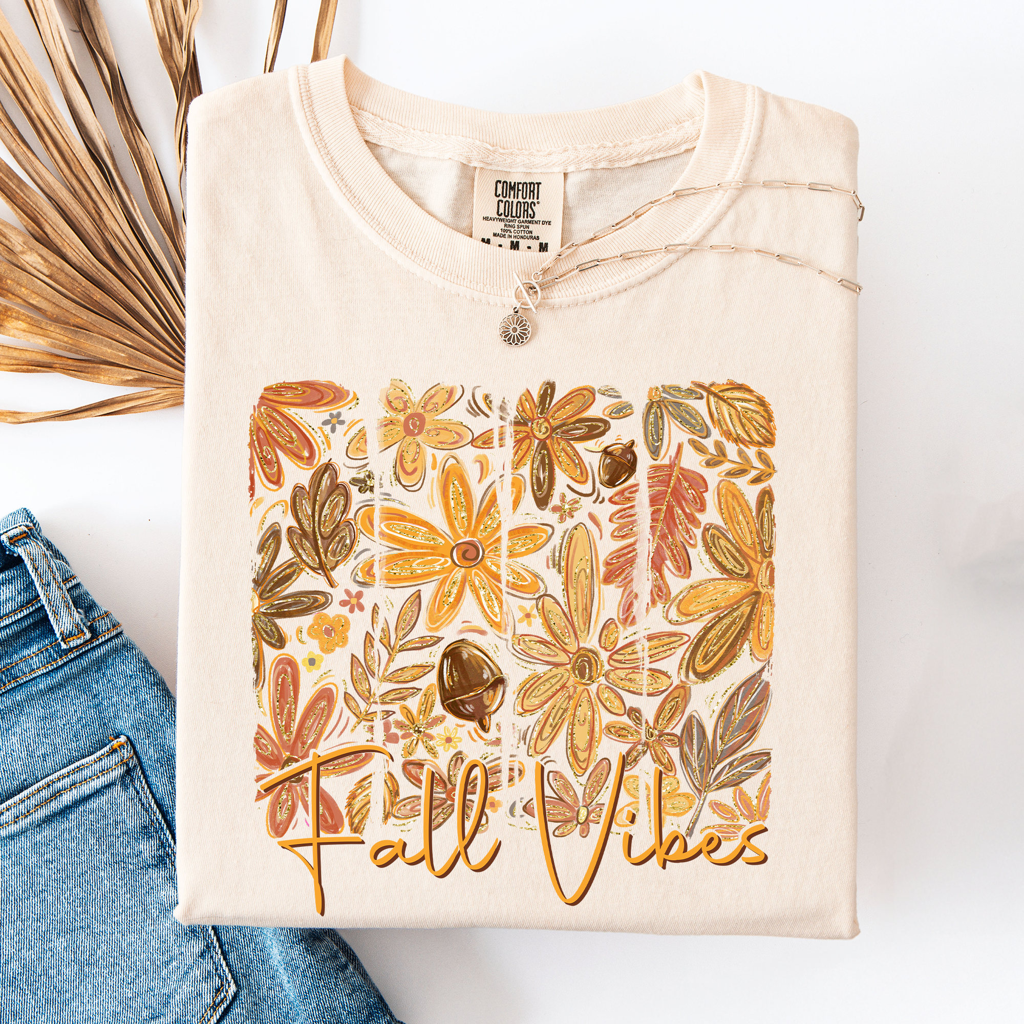 Fall Vibes Colorful Autumn Flowers Vintage Varsity Checkered Pumpkin Comfort Colors Tee
