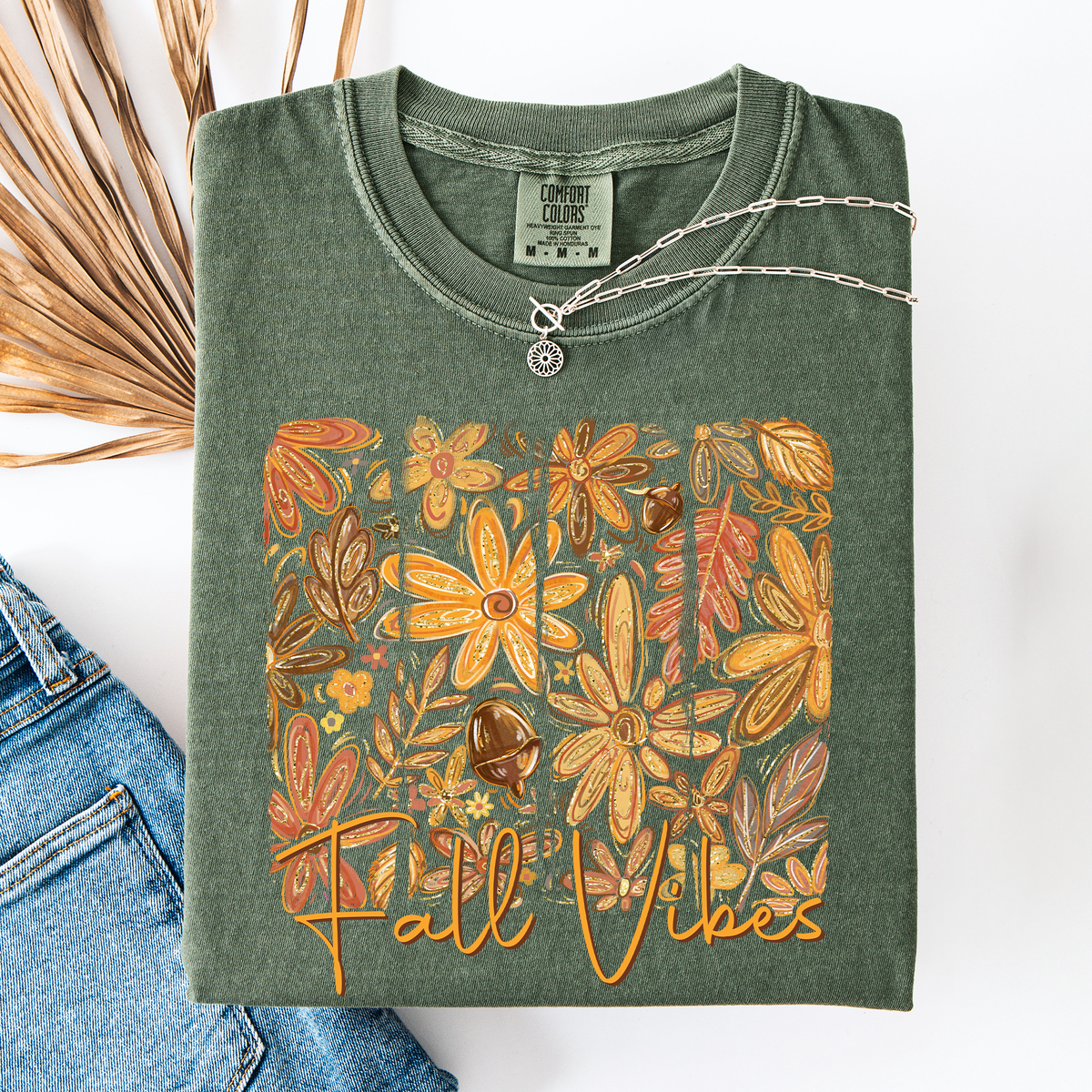 Fall Vibes Colorful Autumn Flowers Vintage Varsity Checkered Pumpkin Comfort Colors Tee