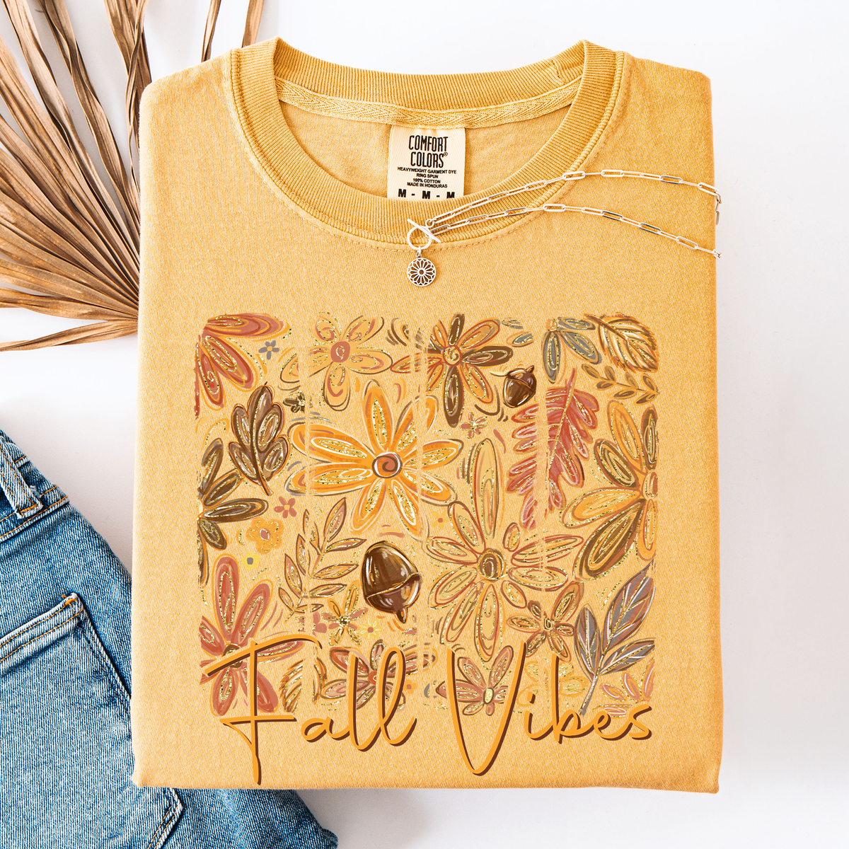 Fall Vibes Colorful Autumn Flowers Vintage Varsity Checkered Pumpkin Comfort Colors Tee
