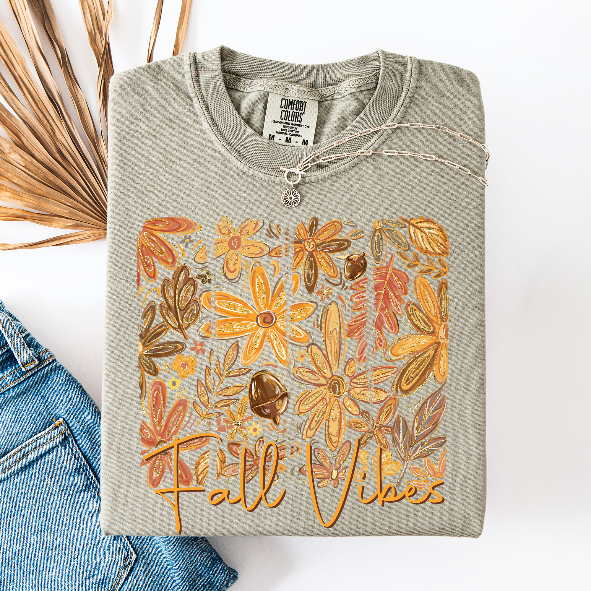 Fall Vibes Colorful Autumn Flowers Vintage Varsity Checkered Pumpkin Comfort Colors Tee