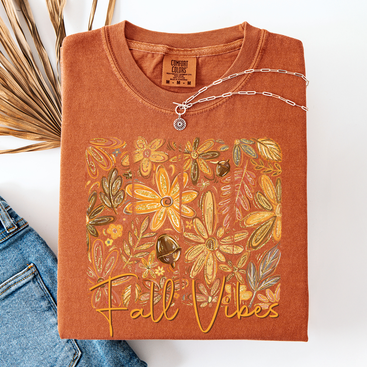Fall Vibes Colorful Autumn Flowers Vintage Varsity Checkered Pumpkin Comfort Colors Tee