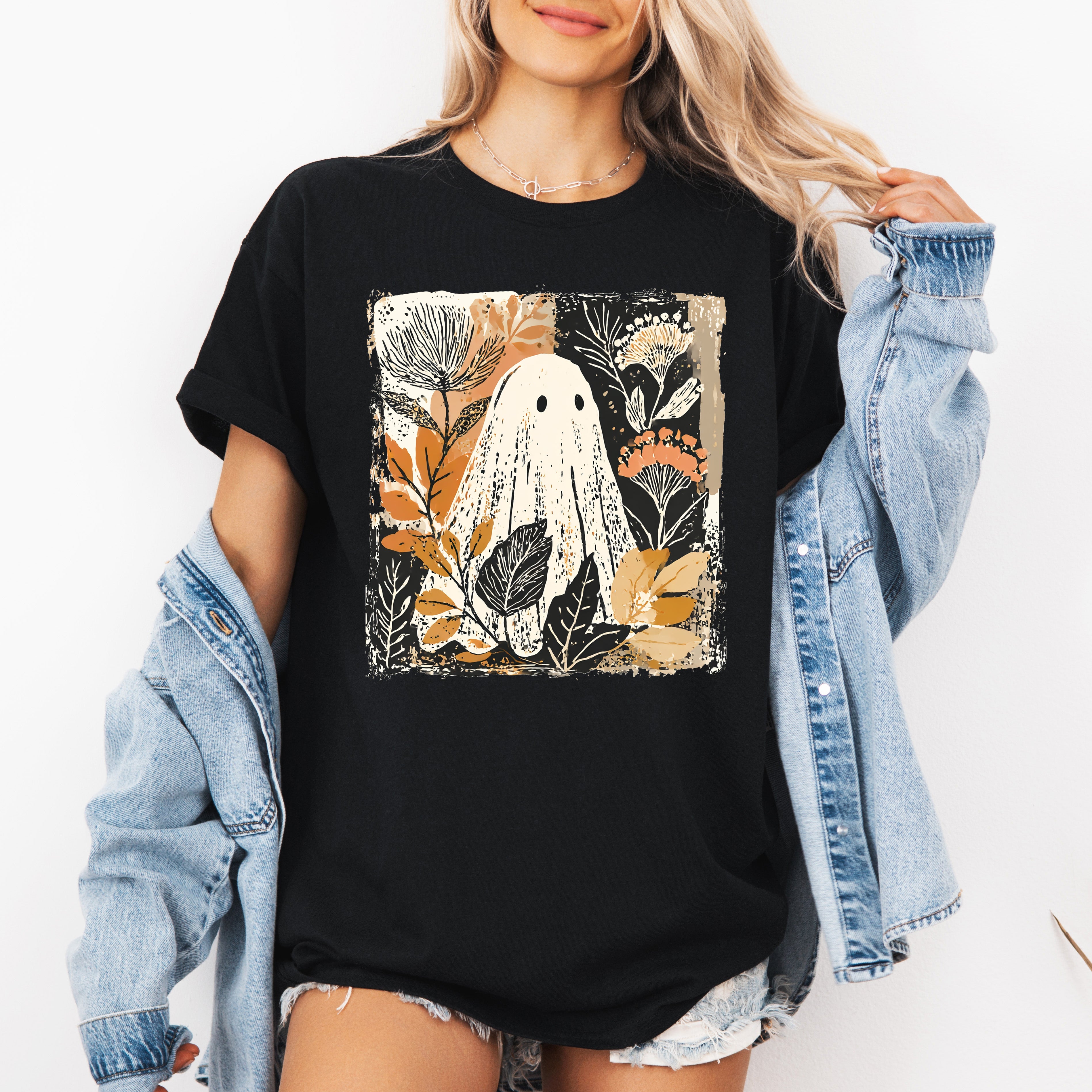 Vintage Ghost Halloween Botanical Floral Autumn Night Scene Moonlit Garden Graphic Tee